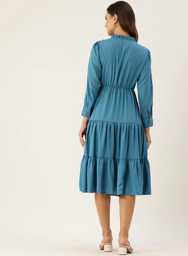 Rue Collection Women Blue Tie-Up Neck Tiered Midi Dress
